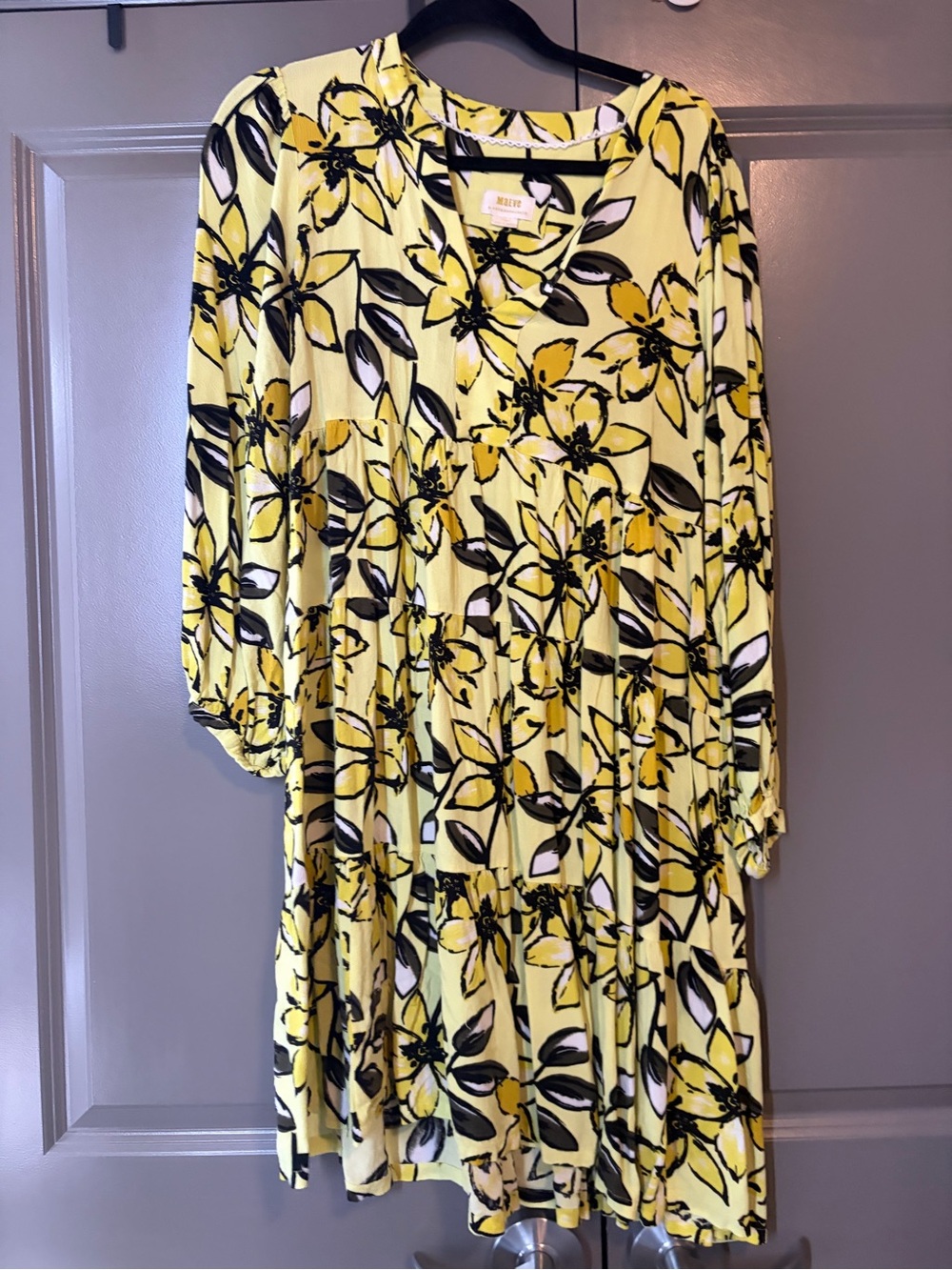 Maeve Yellow Floral Tiered Dress with Black & White Accents